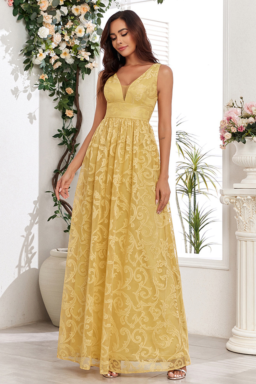 Radiant Yellow High-Waist V-Neck, V-Back Evening & Prom Dress