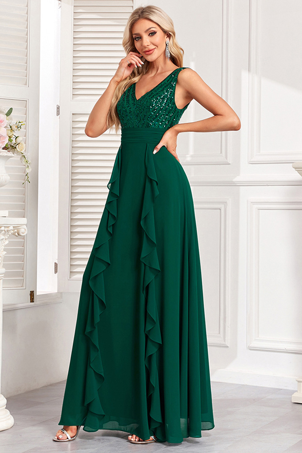 Enchanting Dark Green Chiffon V-Back Prom & Evening Gown