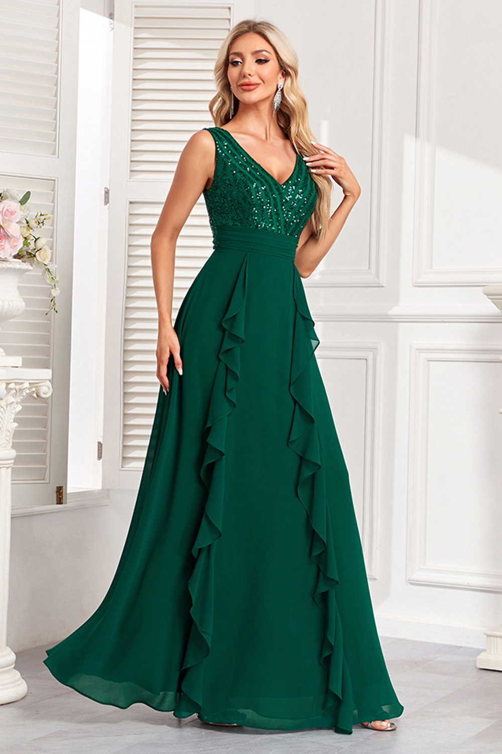 Enchanting Dark Green Chiffon V-Back Prom & Evening Gown