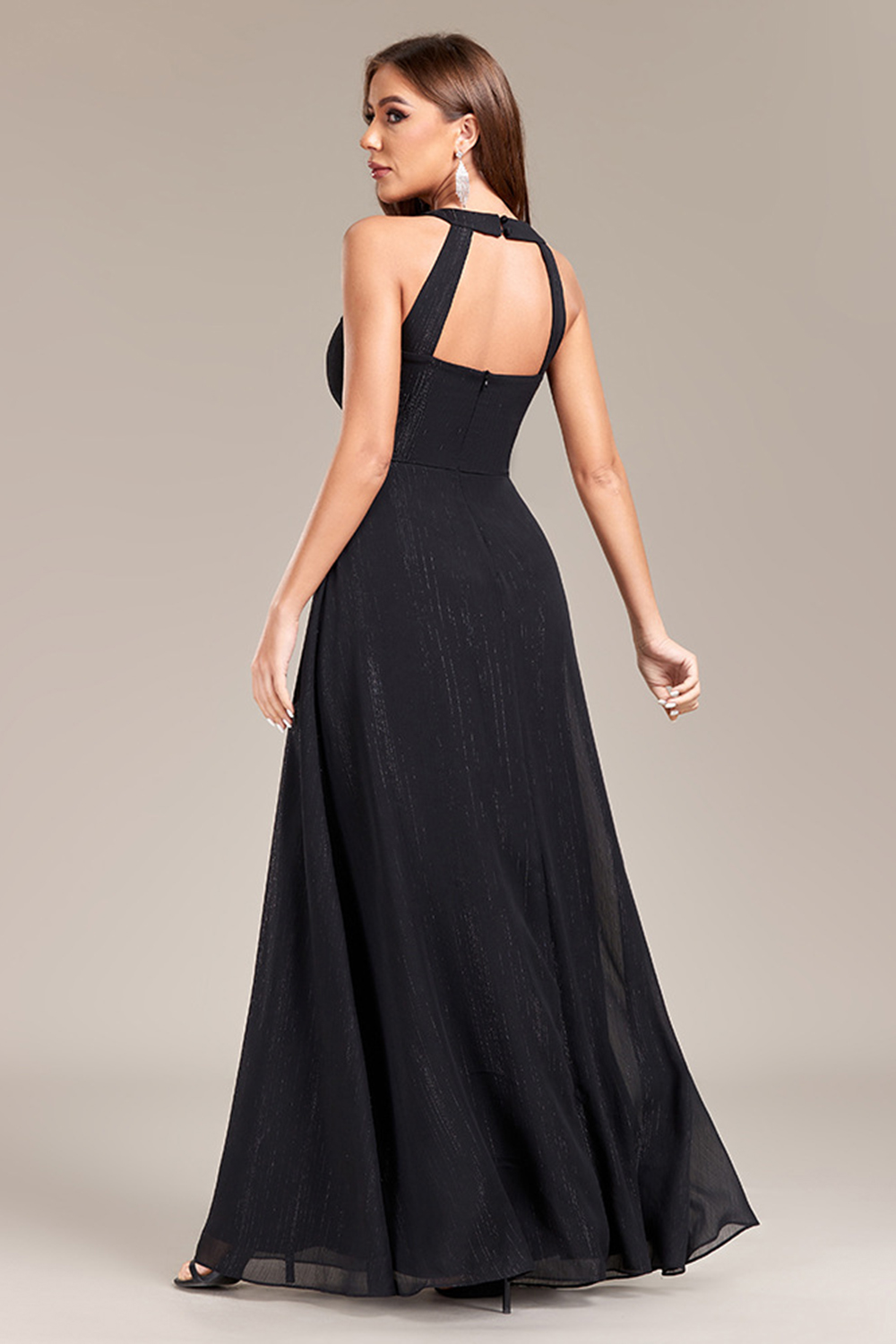 Elegant Black High-Waist Halter Neck Chiffon Prom, Evening & Bridesmaid Dress