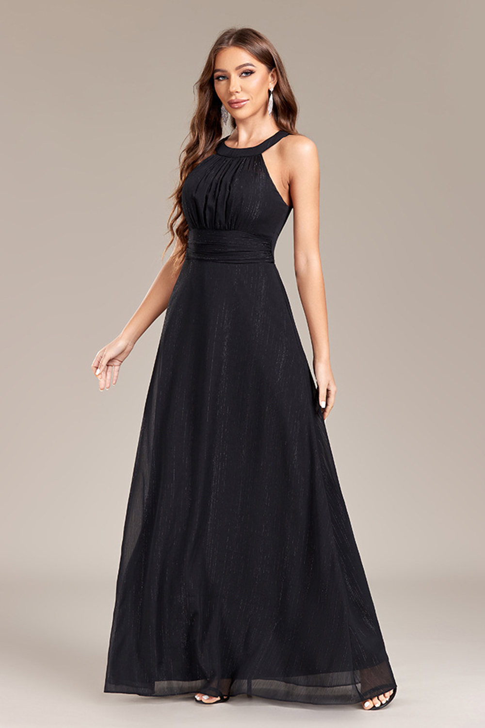 Elegant Black High-Waist Halter Neck Chiffon Prom, Evening & Bridesmaid Dress