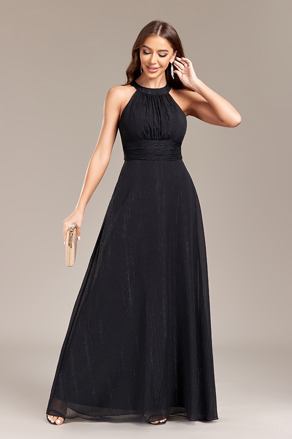 Elegant Black High-Waist Halter Neck Chiffon Prom, Evening & Bridesmaid Dress