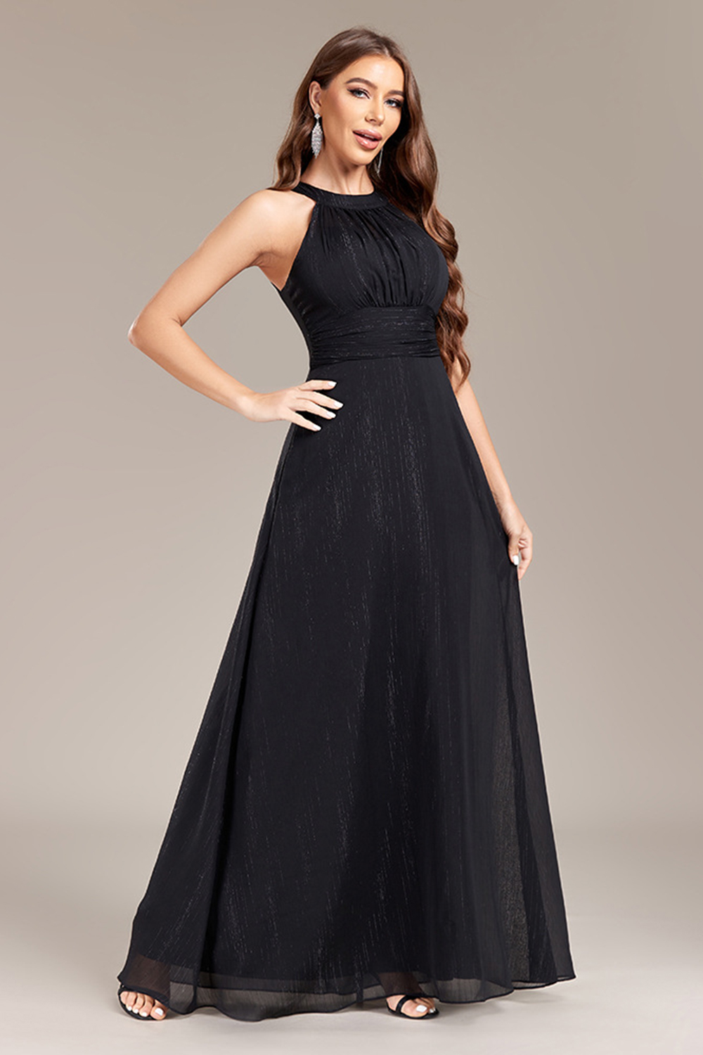 Elegant Black High-Waist Halter Neck Chiffon Prom, Evening & Bridesmaid Dress