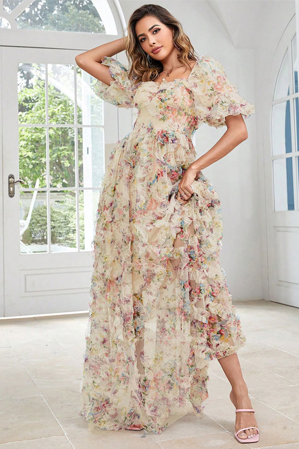 Yellow Flower A Line Print Long Prom Dress with Puff Sleeves