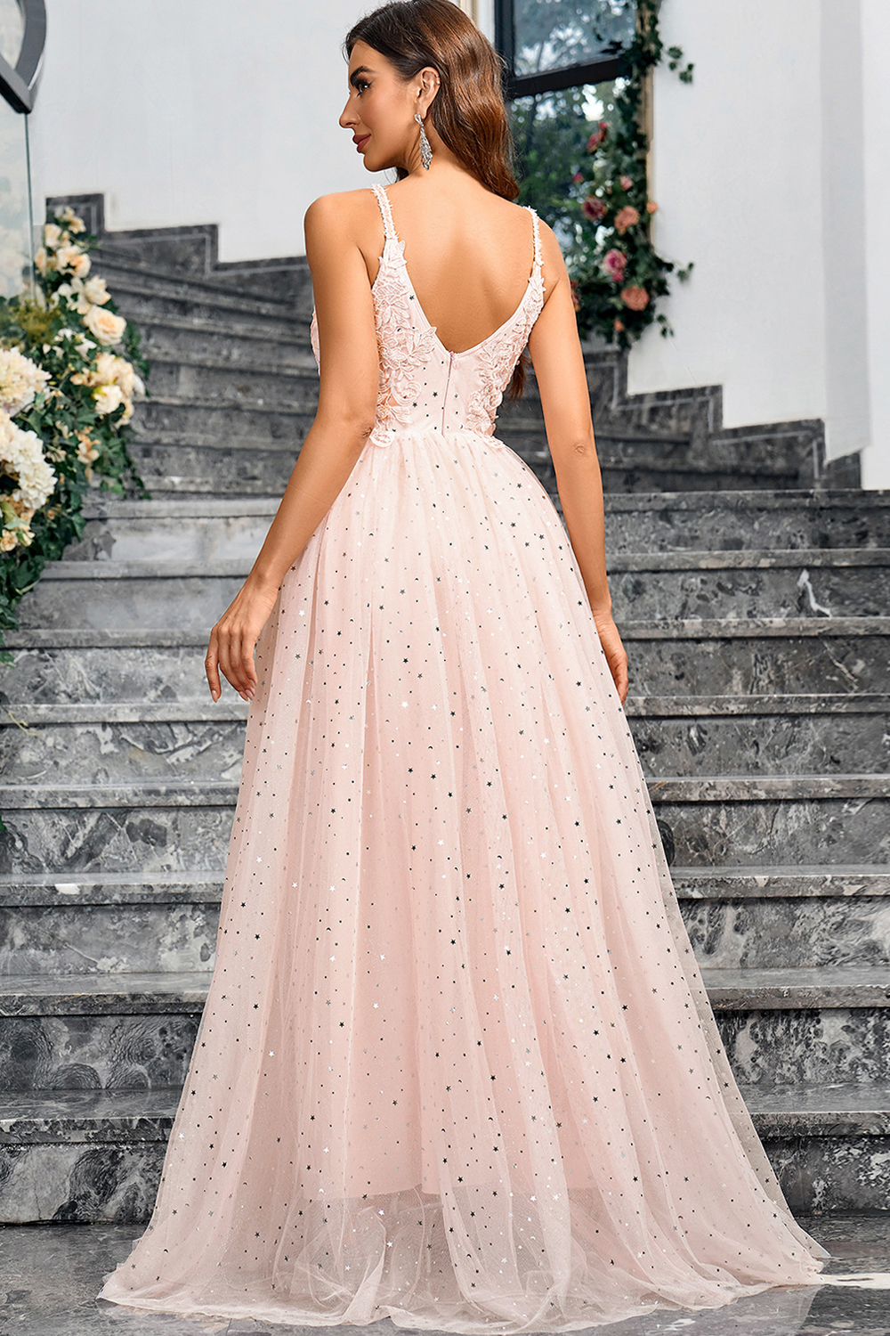 Dreamy Pink Spaghetti Strap A-Line Evening Gown