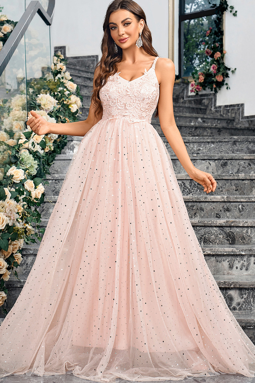 Dreamy Pink Spaghetti Strap A-Line Evening Gown