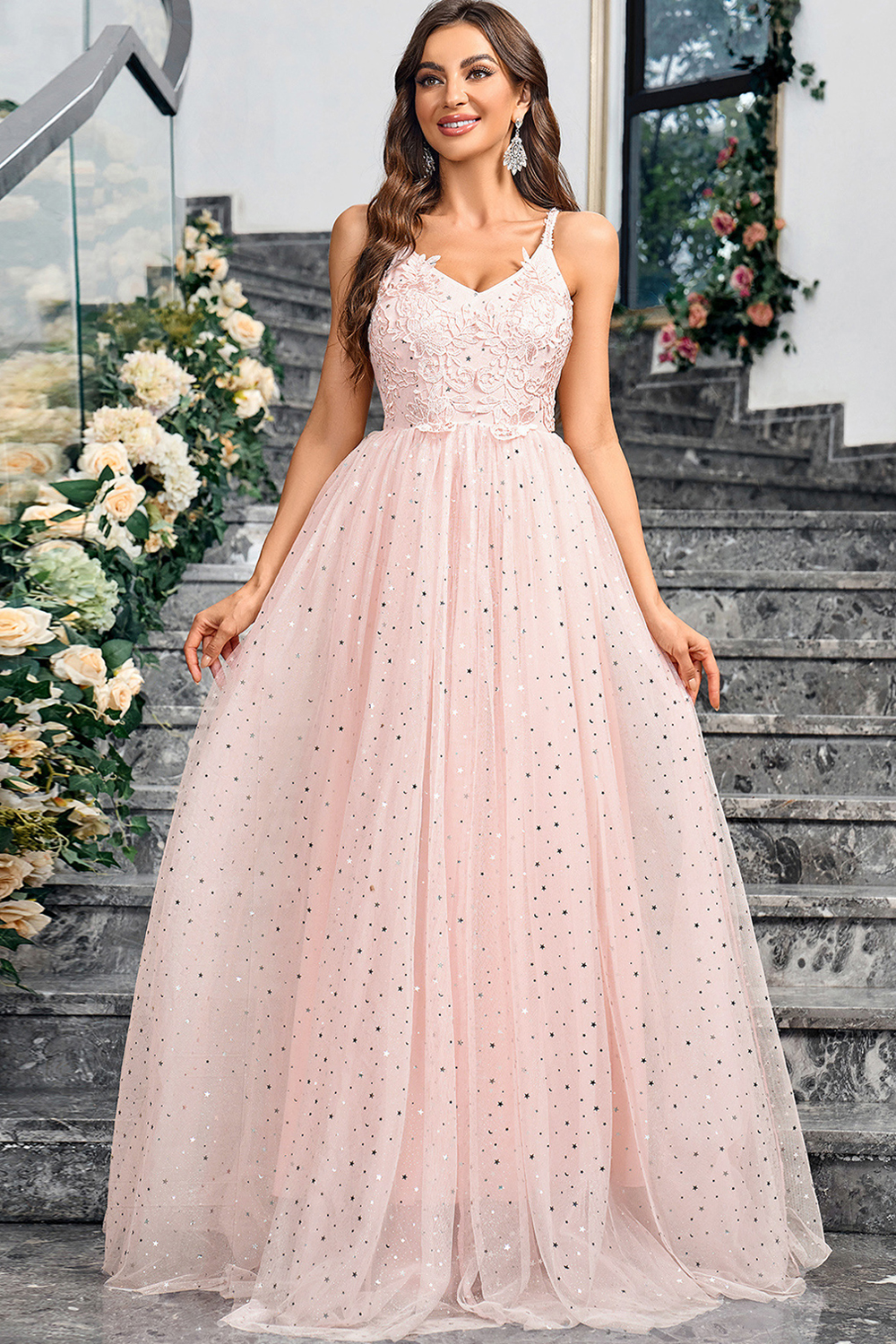 Dreamy Pink Spaghetti Strap A-Line Evening Gown