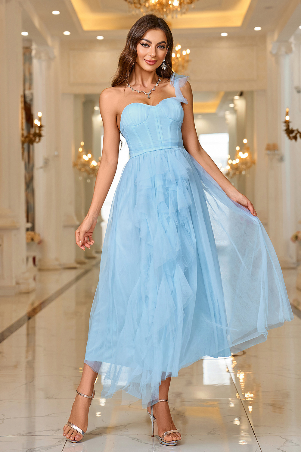 Elegant Sky Blue One-Shoulder A-Line Cocktail Party Dress