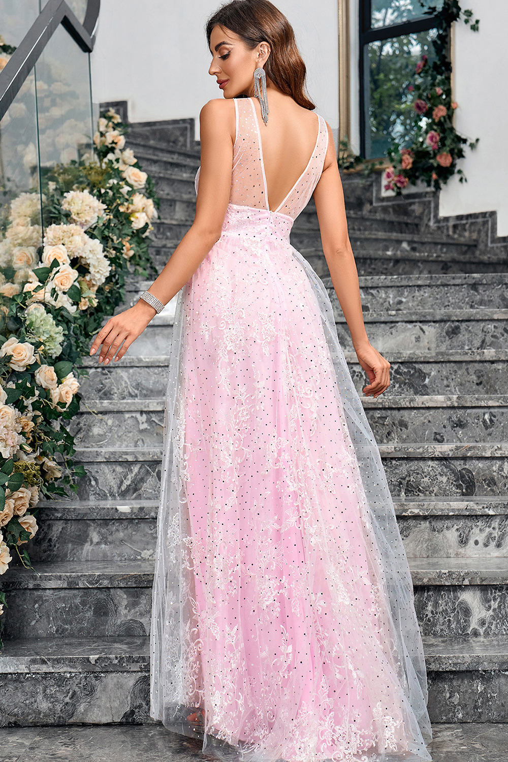 Dreamy Pink V-Back A-Line Evening Gown