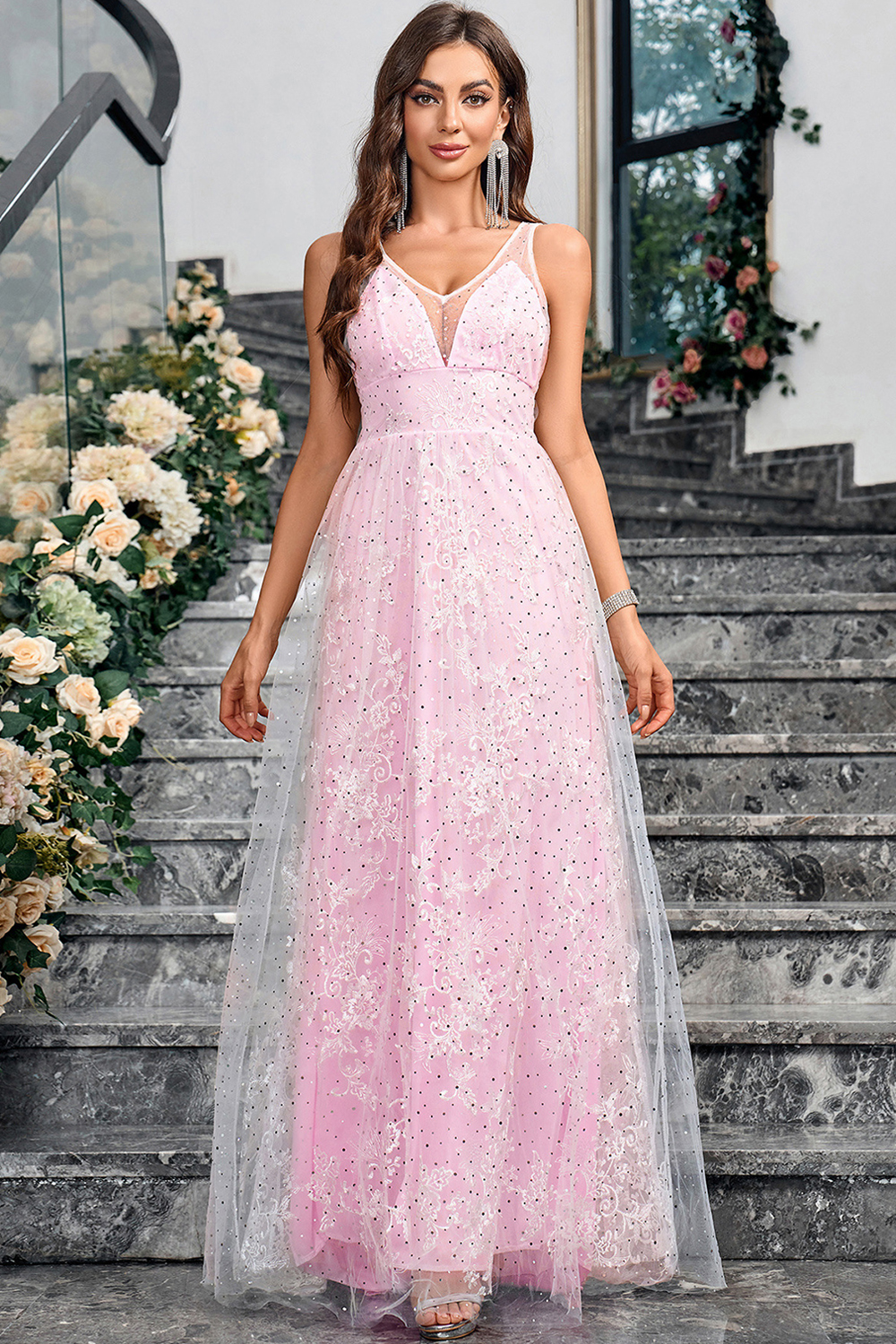 Dreamy Pink V-Back A-Line Evening Gown