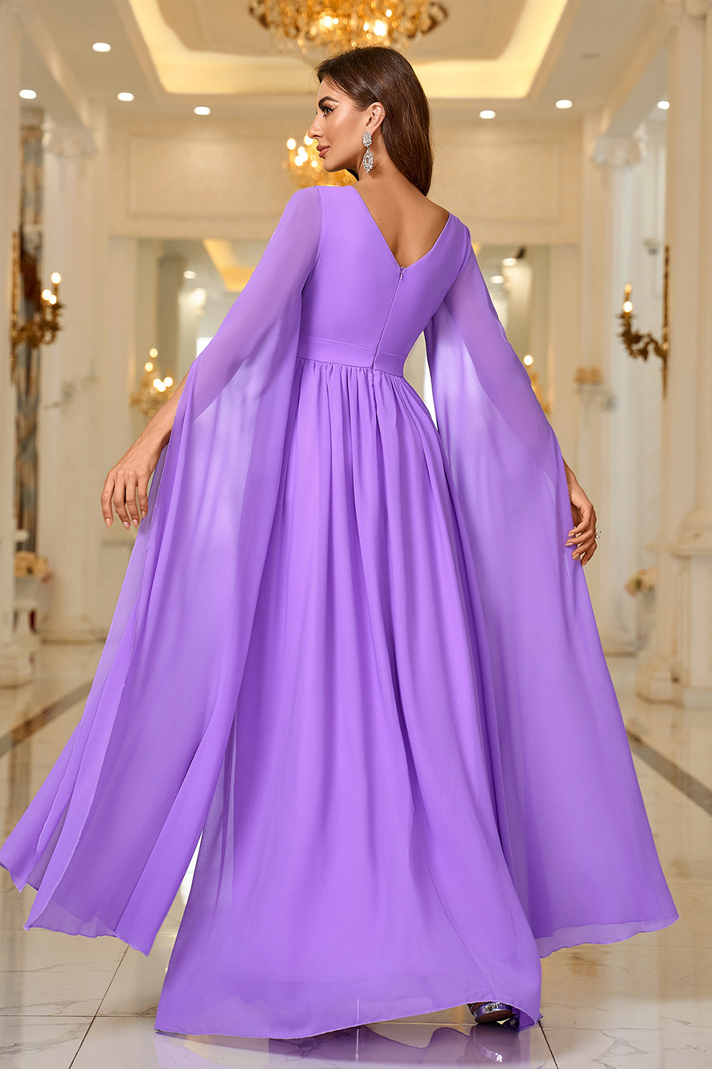 Elegant Empire Waist Purple Pleated Floor-Length Evening Gown