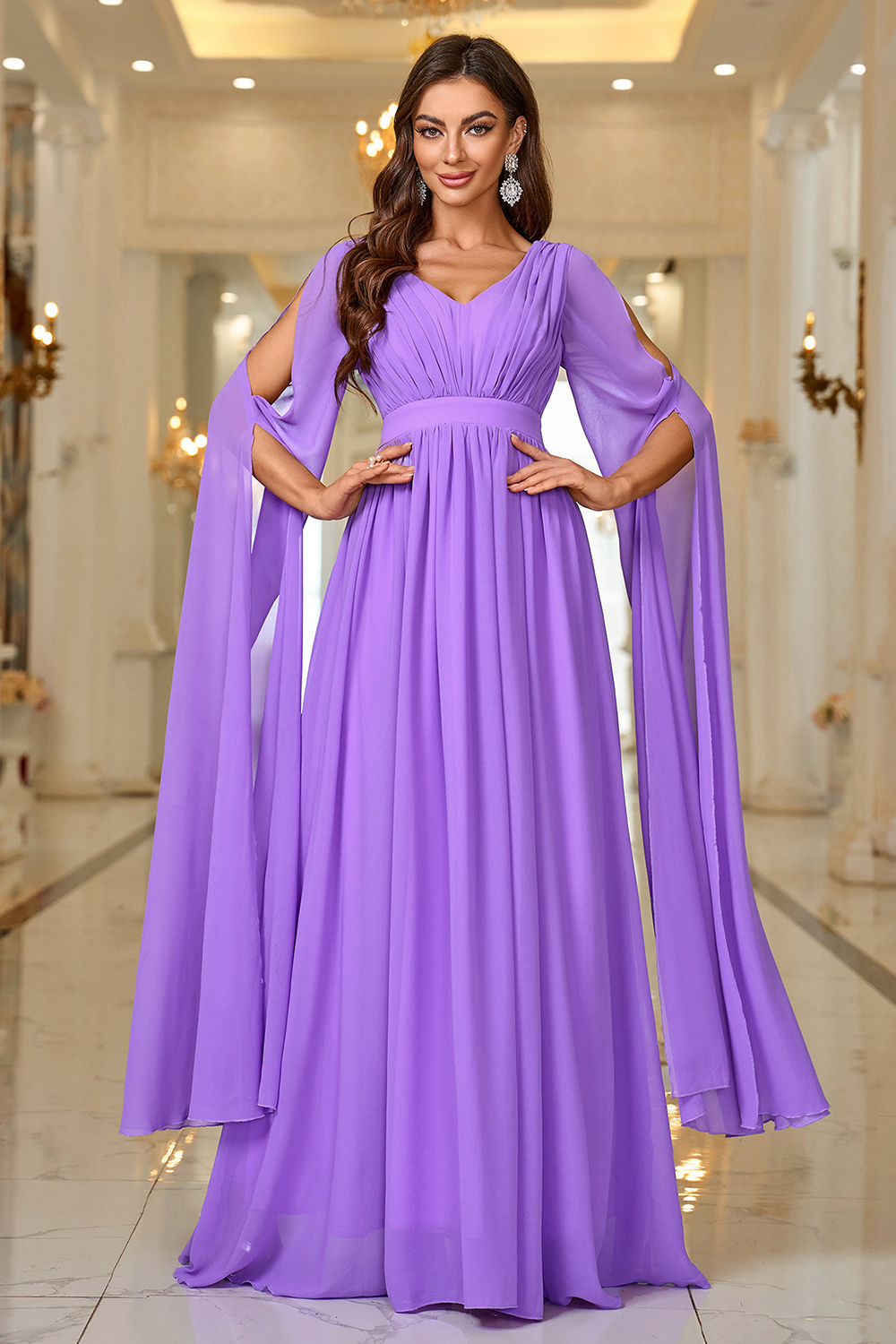 Elegant Empire Waist Purple Pleated Floor-Length Evening Gown