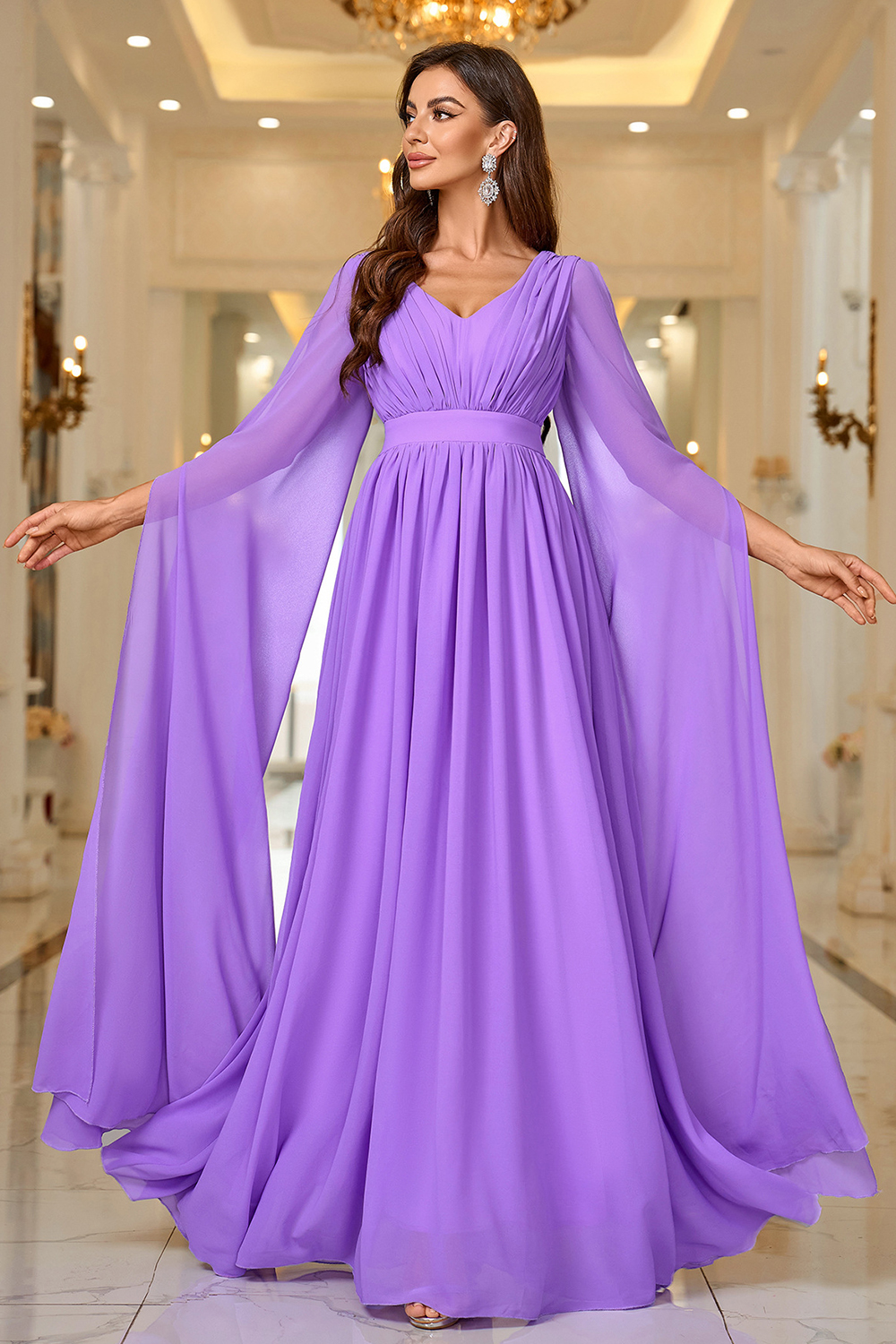 Elegant Empire Waist Purple Pleated Floor-Length Evening Gown
