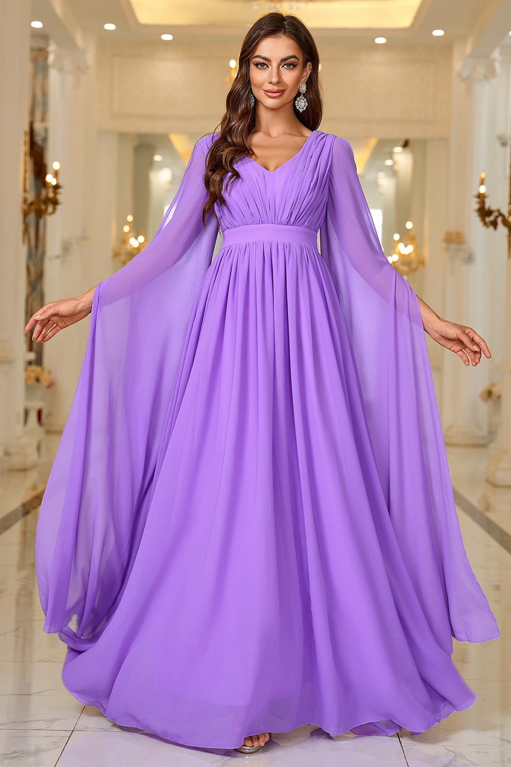 Elegant Empire Waist Purple Pleated Floor-Length Evening Gown