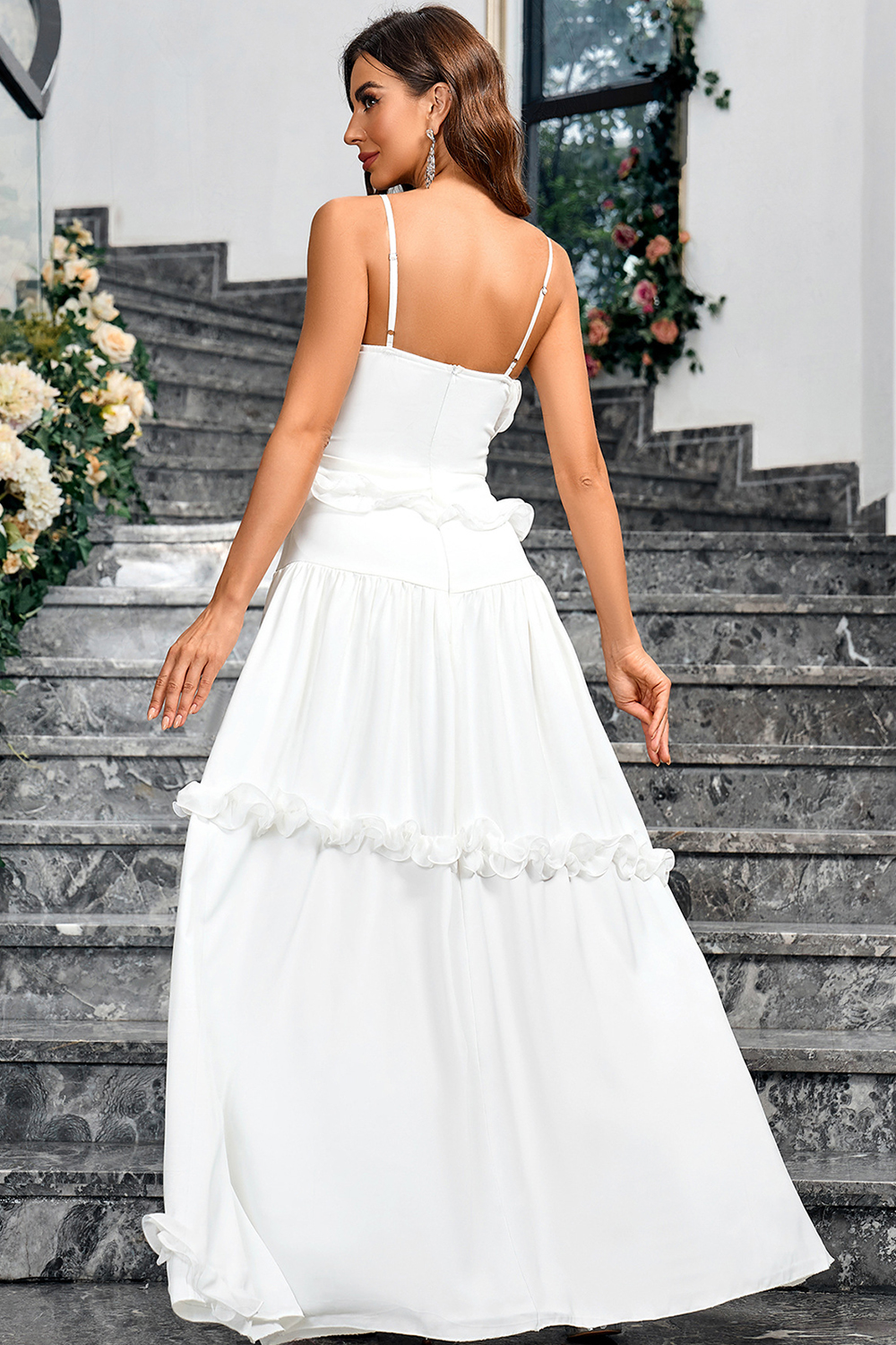 Romantic Chic White Spaghetti Strap Long Party Dress with Ruffle Trim