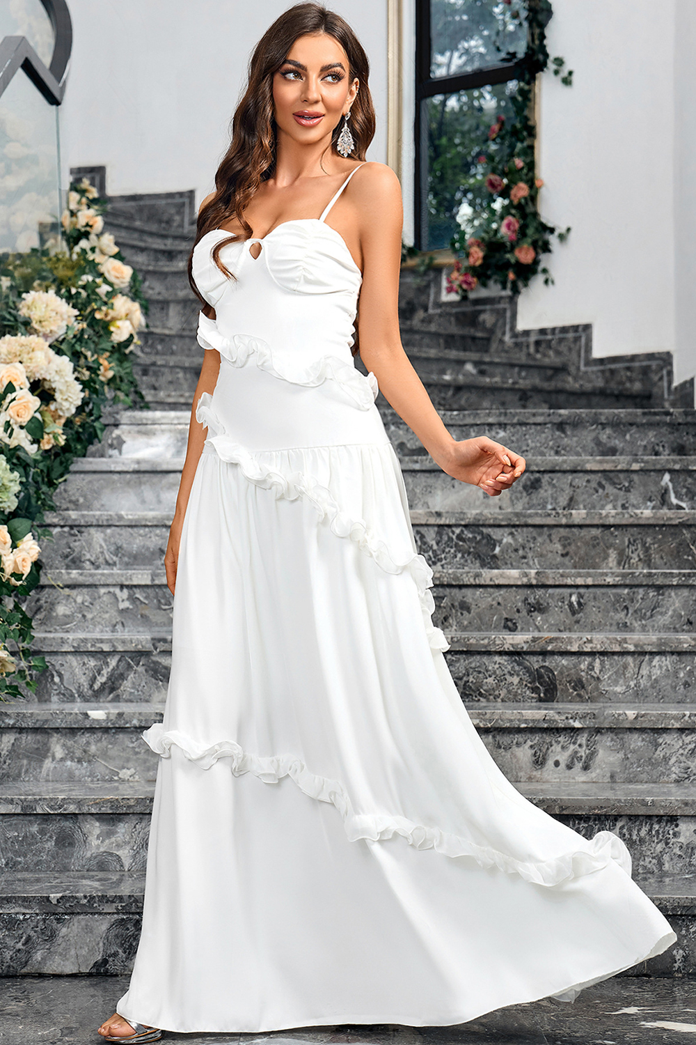 Romantic Chic White Spaghetti Strap Long Party Dress with Ruffle Trim