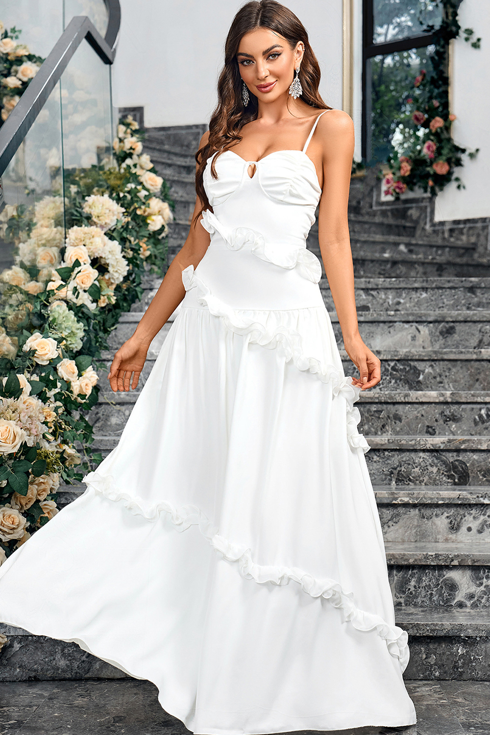 Romantic Chic White Spaghetti Strap Long Party Dress with Ruffle Trim