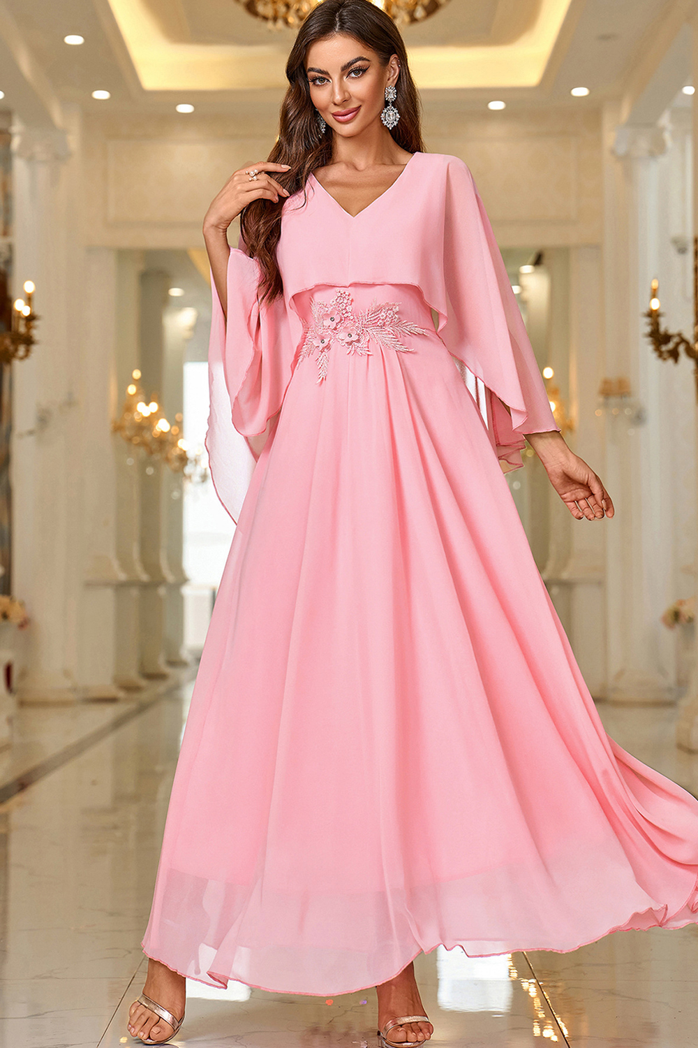 Elegant Applique Chiffon Bridesmaid Dress with Cape