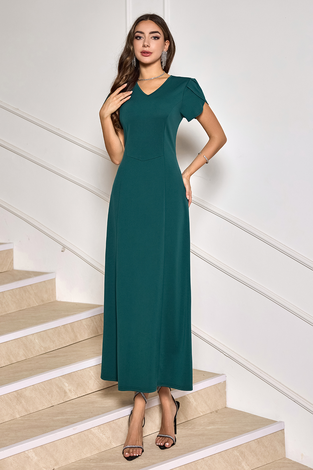 Classic V-Neck Short-Sleeve Satin Midi Cocktail Dress