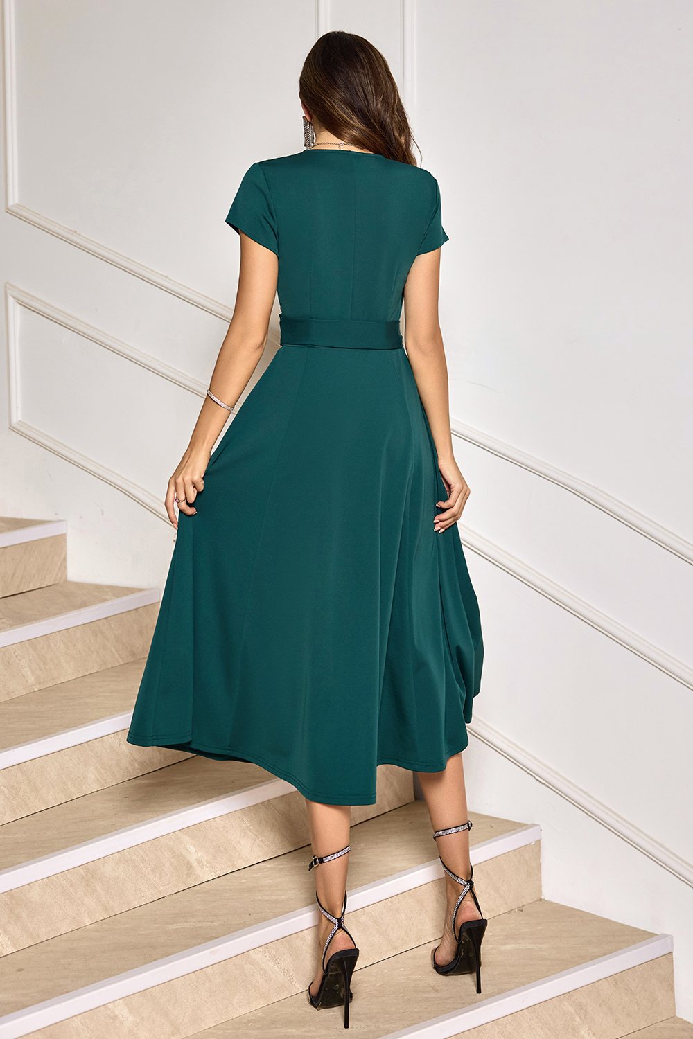 V-Neck Short-Sleeve Ruched Tie-Waist A-Line Cocktail Dress