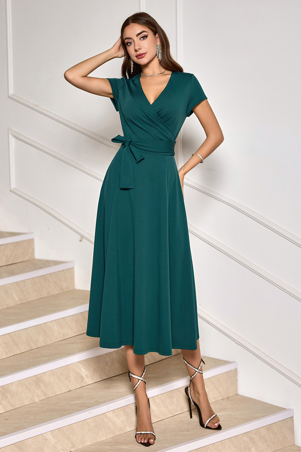 V-Neck Short-Sleeve Ruched Tie-Waist A-Line Cocktail Dress