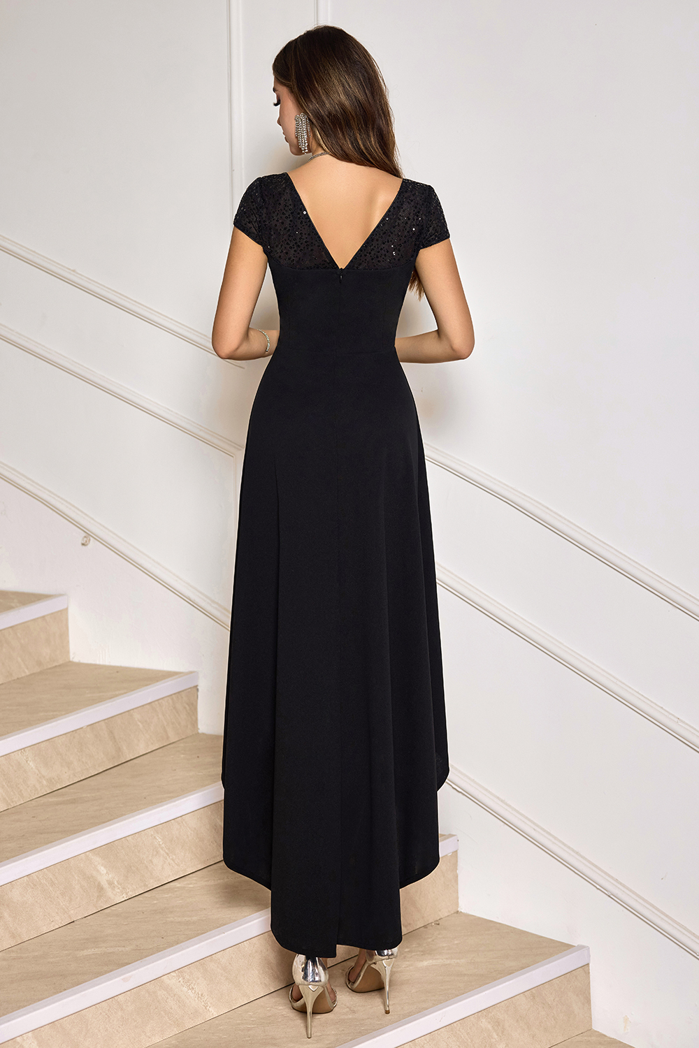 Cap Sleeves V-neck Neckline Midi Cocktail Party Dress