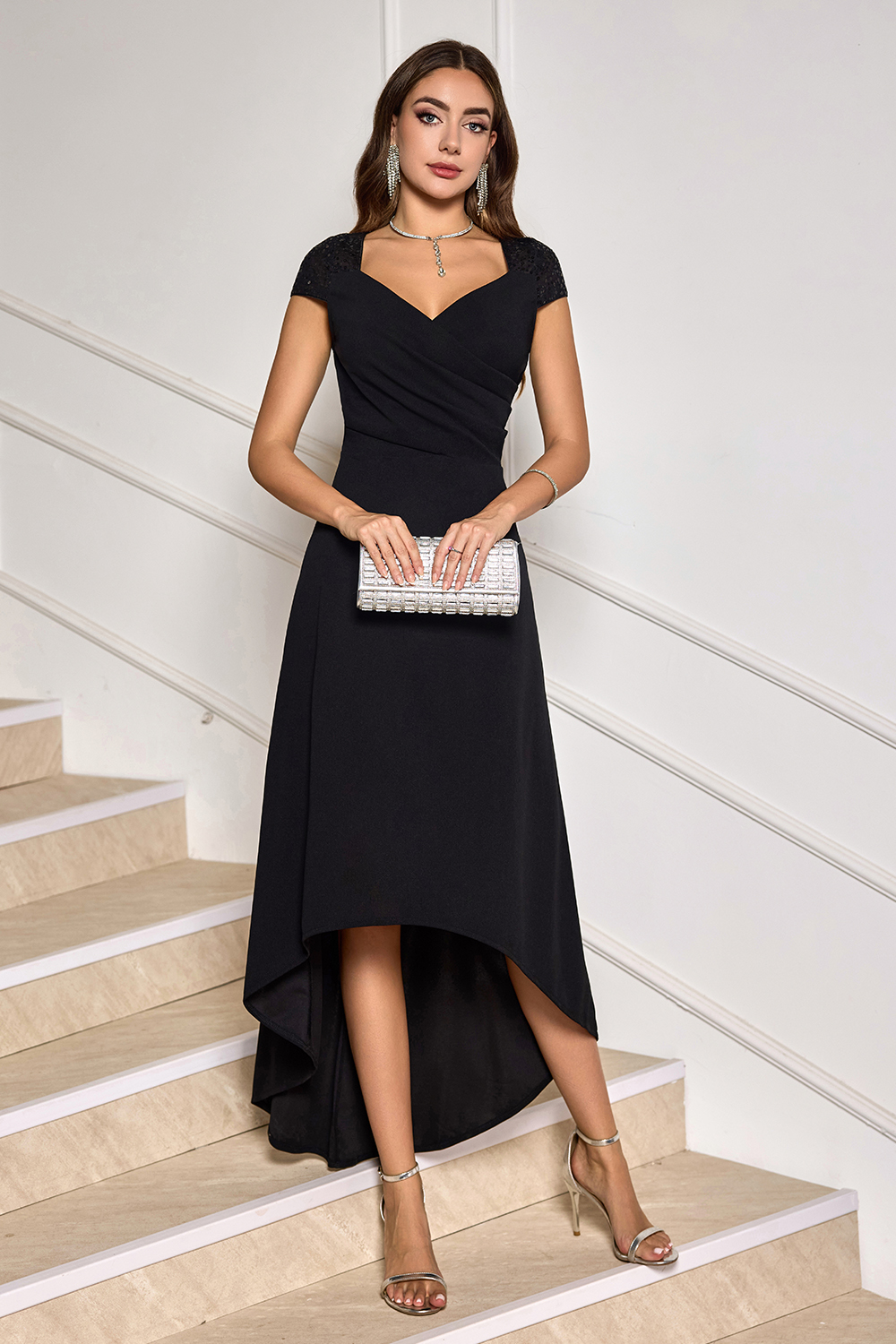 Cap Sleeves V-neck Neckline Midi Cocktail Party Dress