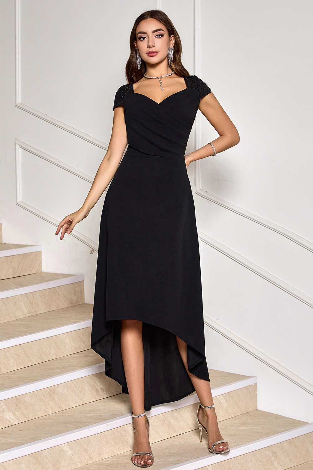 Cap Sleeves V-neck Neckline Midi Cocktail Party Dress