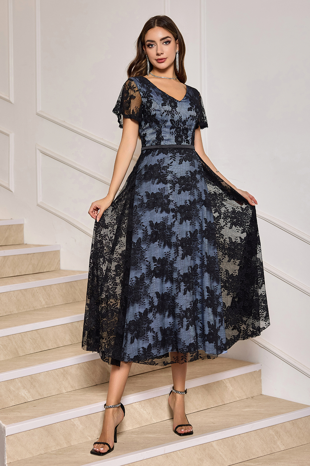 V-Neck Lace Appliqué Short Sleeves Midi Cocktail Aline Dress