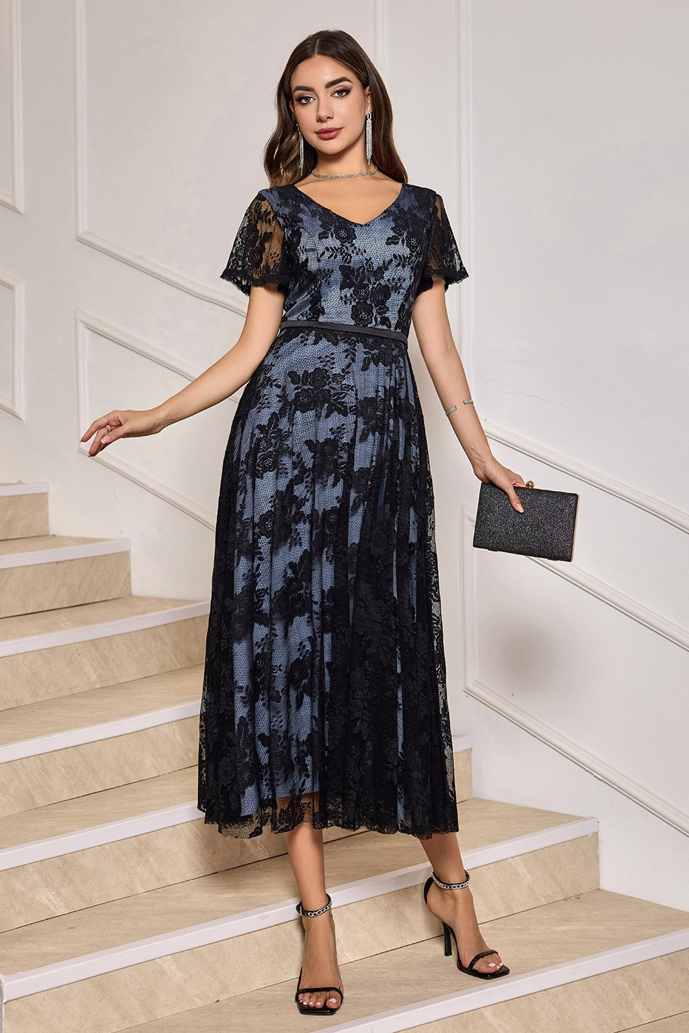 V-Neck Lace Appliqué Short Sleeves Midi Cocktail Aline Dress