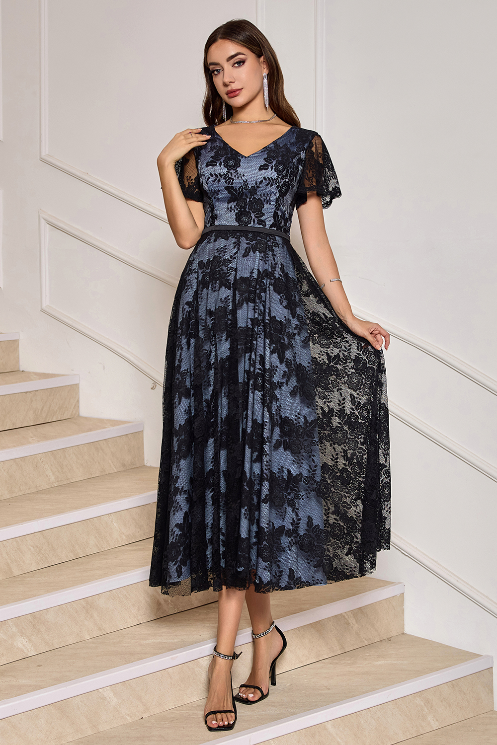 V-Neck Lace Appliqué Short Sleeves Midi Cocktail Aline Dress