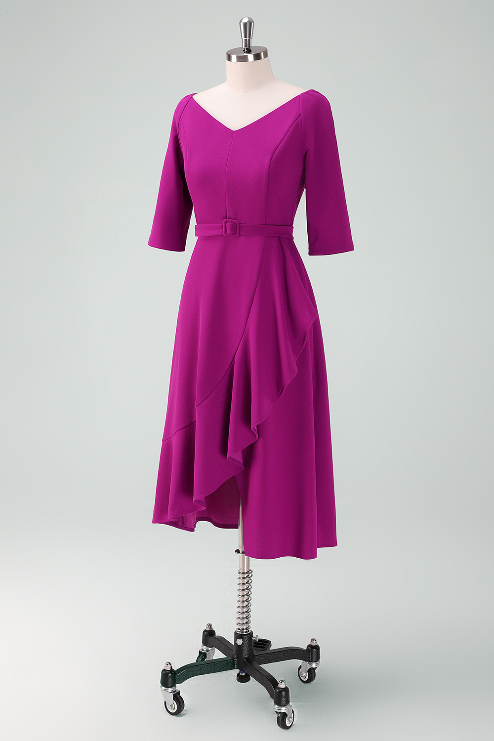 V-Neck 3/4 Sleeve Irregular Hem Belted Satin Midi Cocktail Dress