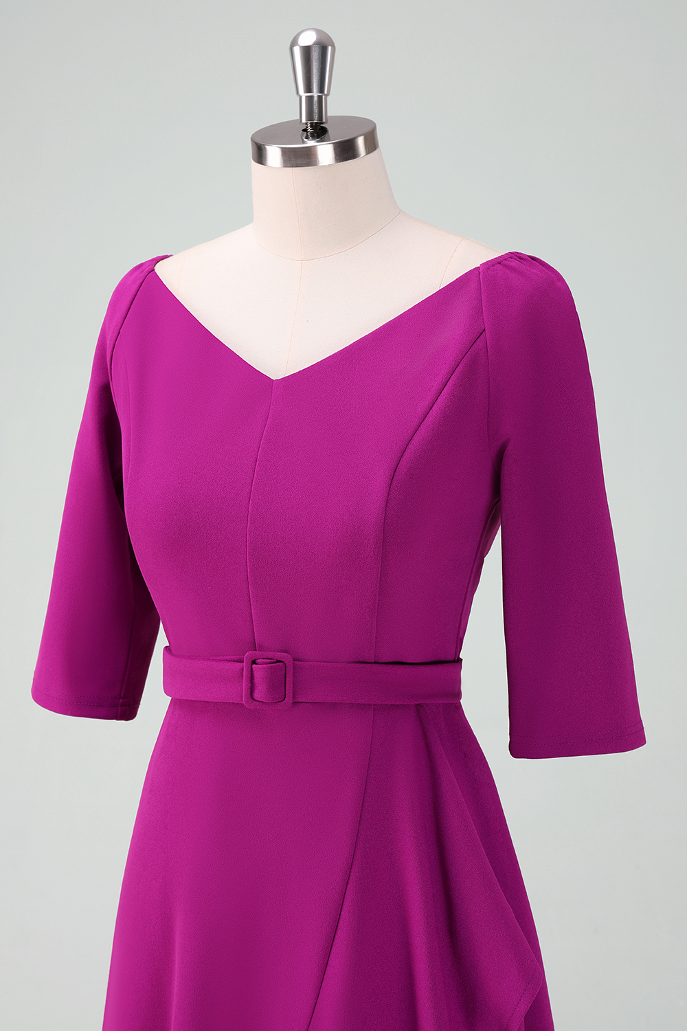 V-Neck 3/4 Sleeve Irregular Hem Belted Satin Midi Cocktail Dress