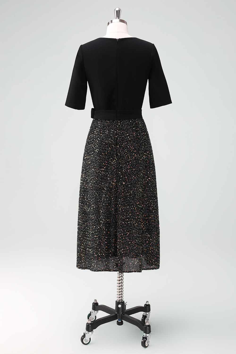 V-Neck Tie-Waist 3/4 Sleeves Sequin Aline Midi Cocktail Dress