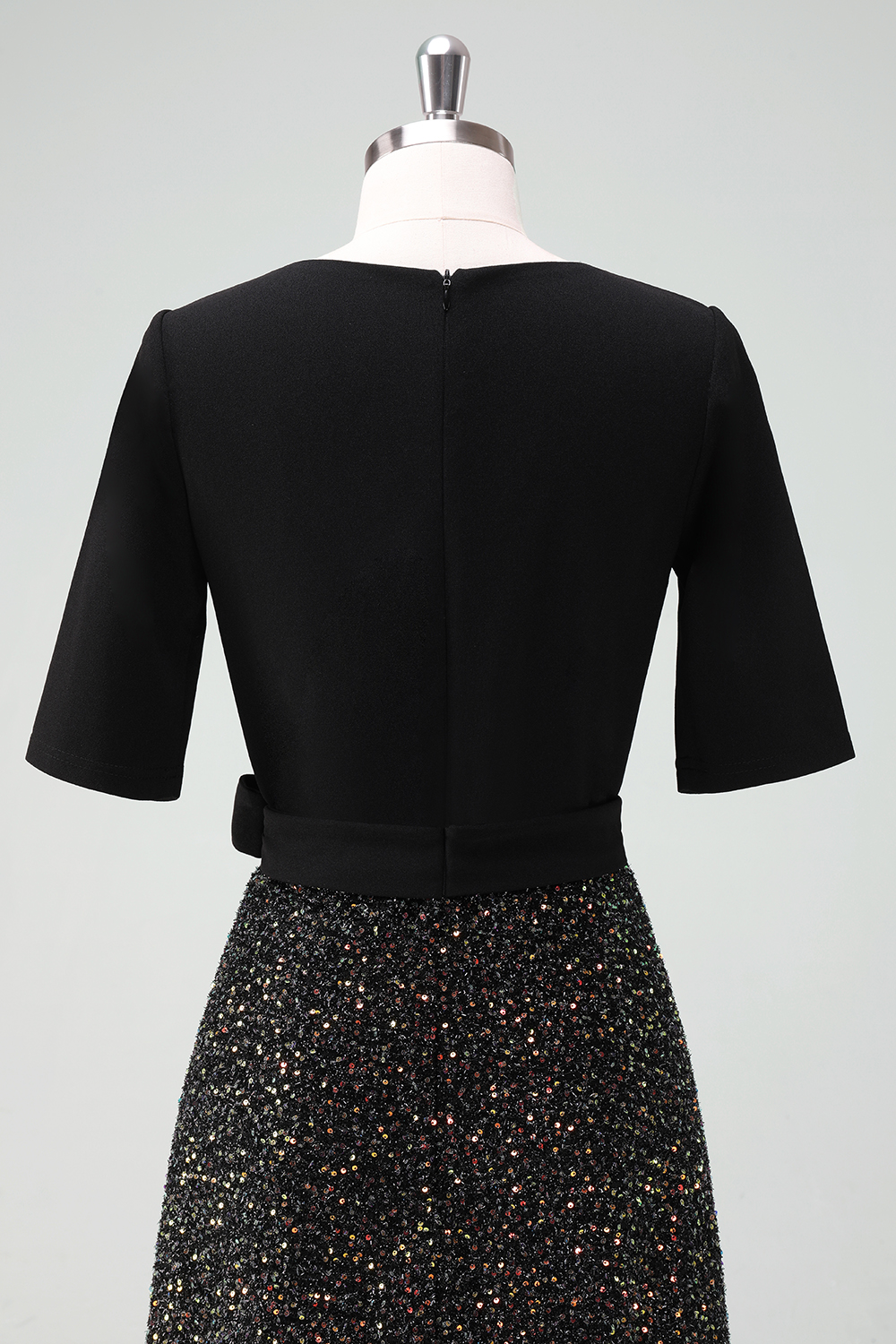 V-Neck Tie-Waist 3/4 Sleeves Sequin Aline Midi Cocktail Dress