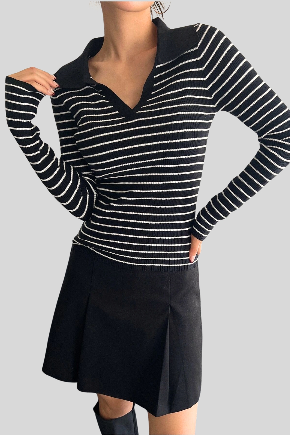 Casual Striped V-Neck Long Sleeve Knit Sweater with Collar