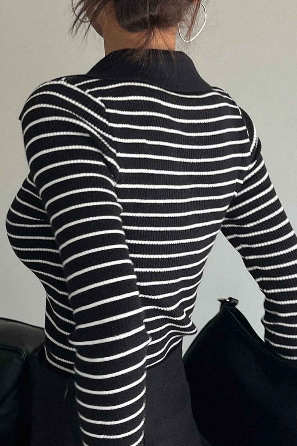 Casual Striped V-Neck Long Sleeve Knit Sweater with Collar