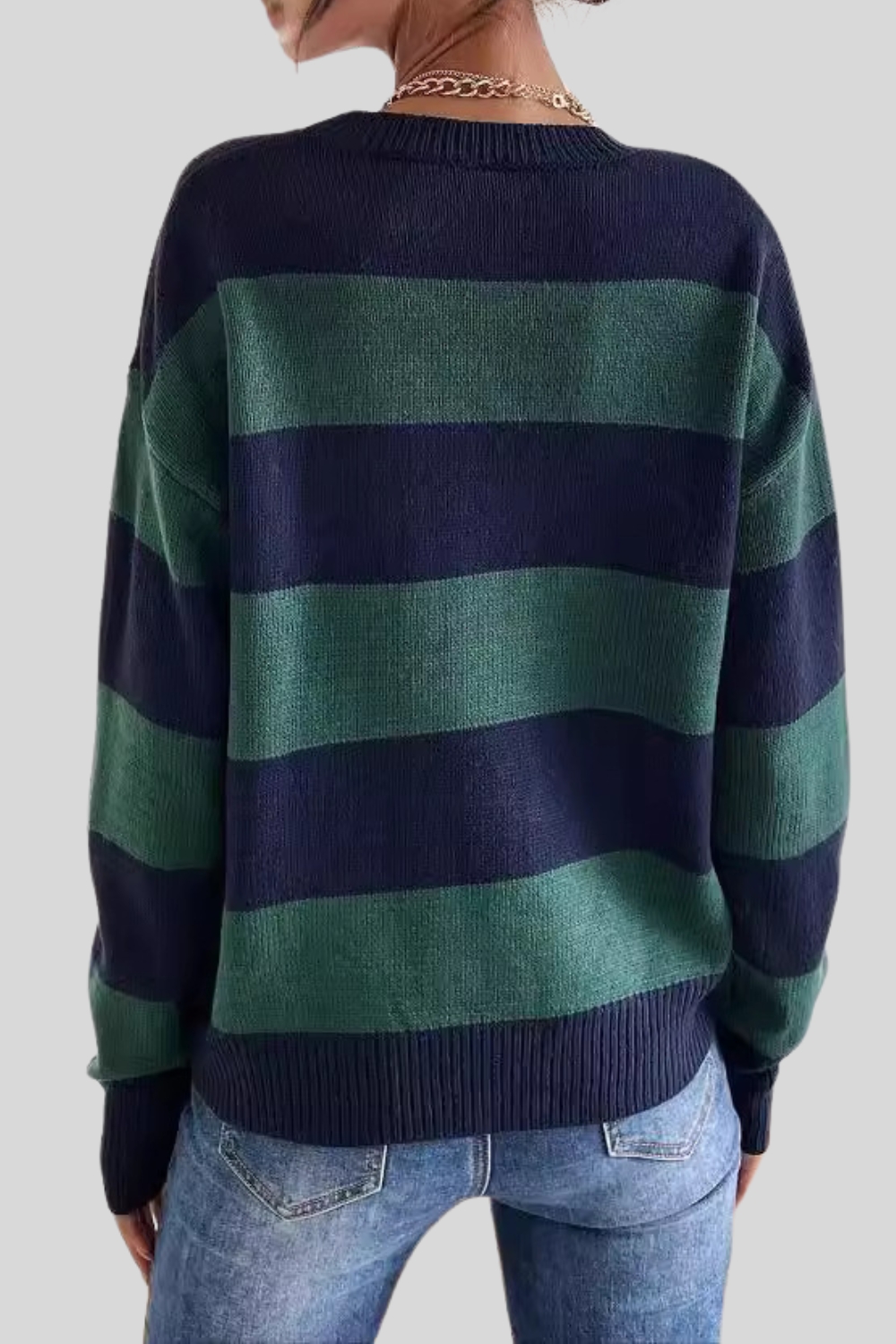 Dark Green Striped Ribbed Cuff Long Sleeve Casual Crew Neck Sweater