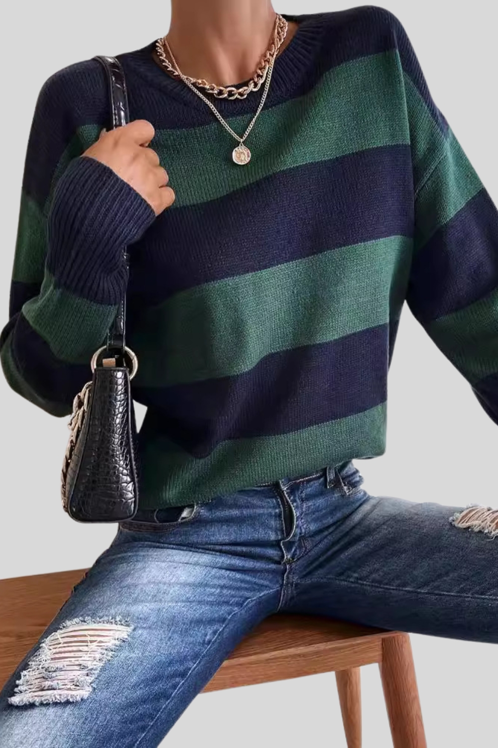 Dark Green Striped Ribbed Cuff Long Sleeve Casual Crew Neck Sweater