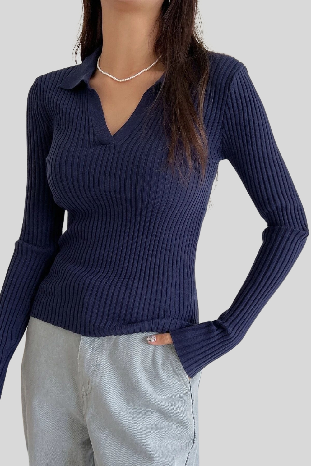 2024 Autumn Winter Women's Polo Neck Knit Sweater - Slim Fit Ribbed Pullover