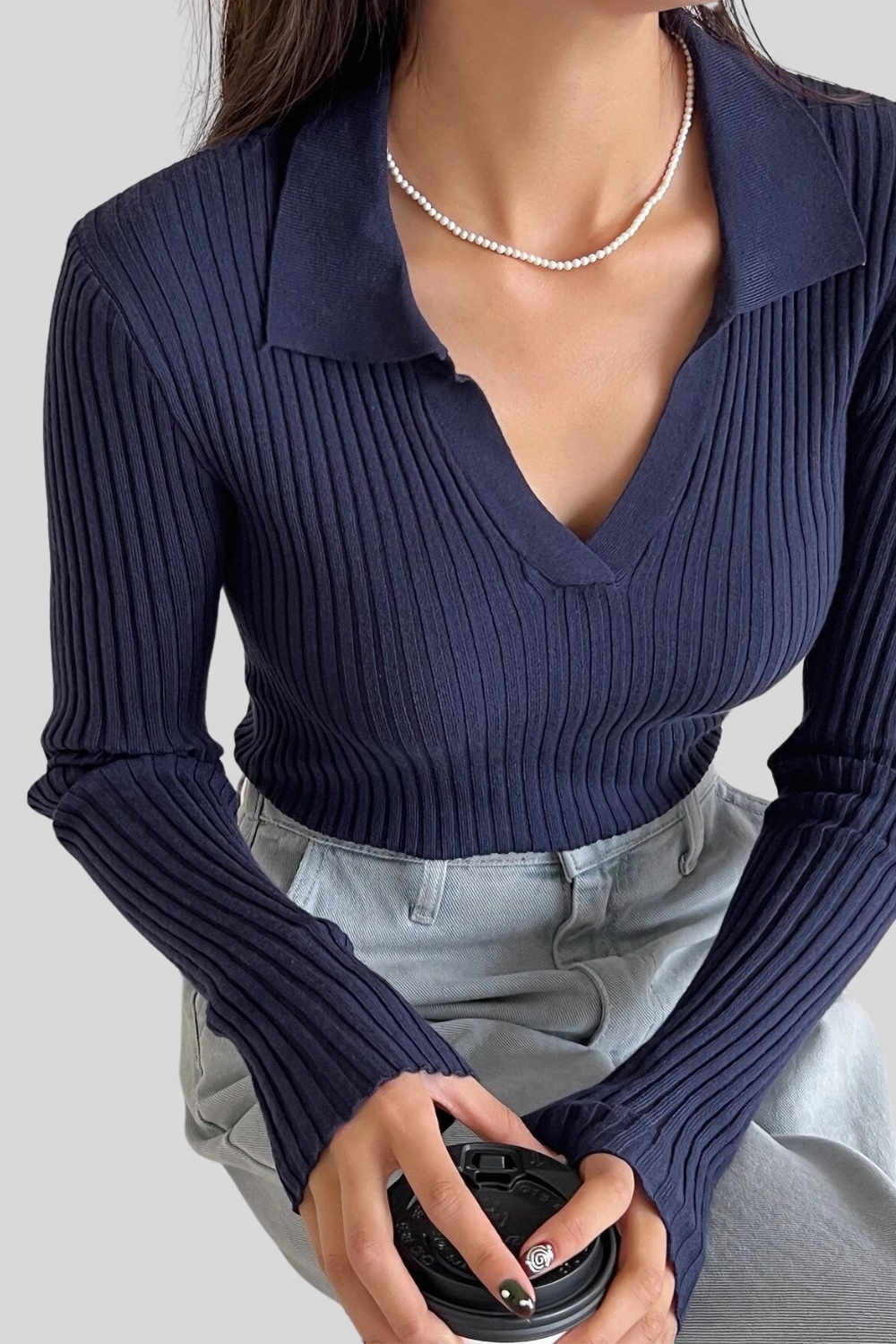 2024 Autumn Winter Women's Polo Neck Knit Sweater - Slim Fit Ribbed Pullover