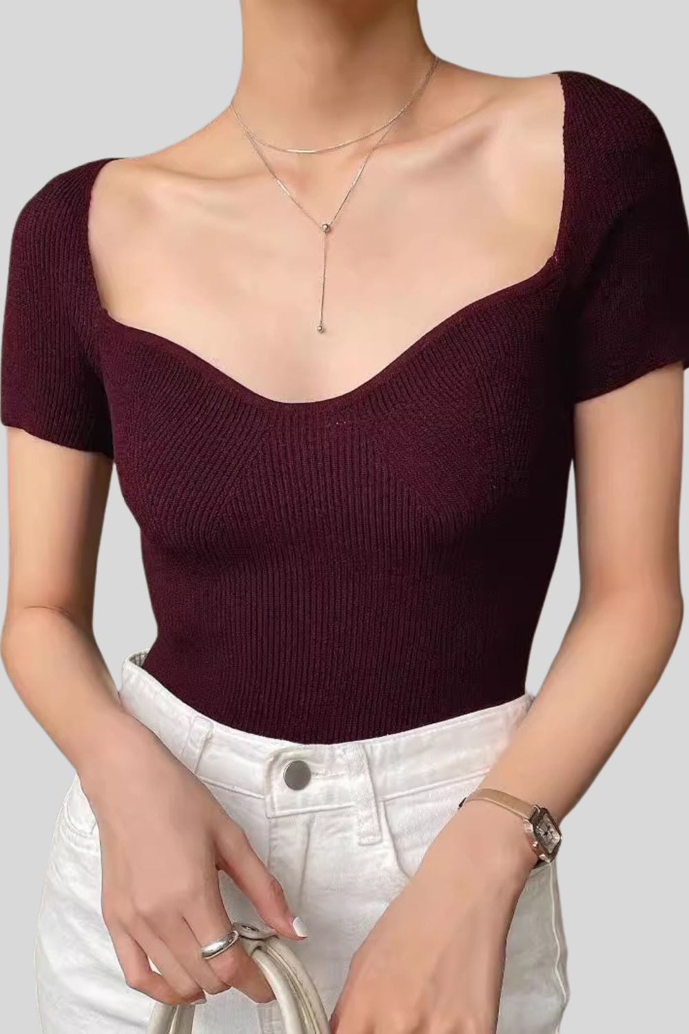 Summer Women's Basic Top - Short Sleeve Square Neck Sweater