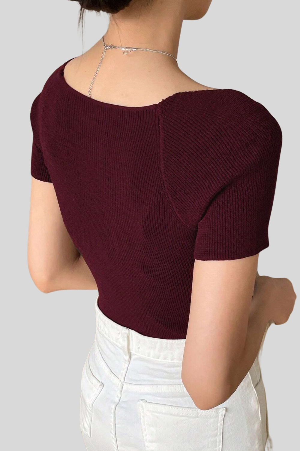 Summer Women's Basic Top - Short Sleeve Square Neck Sweater