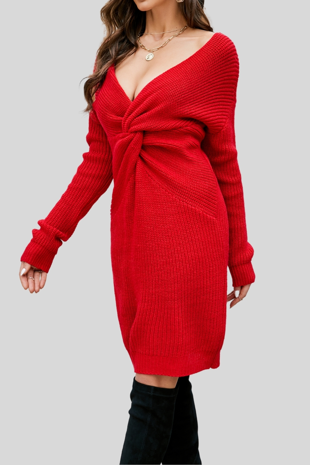 2024 Autumn Winter Women's Sexy Long Knit Dress - Solid Color Backless Twist Sweater