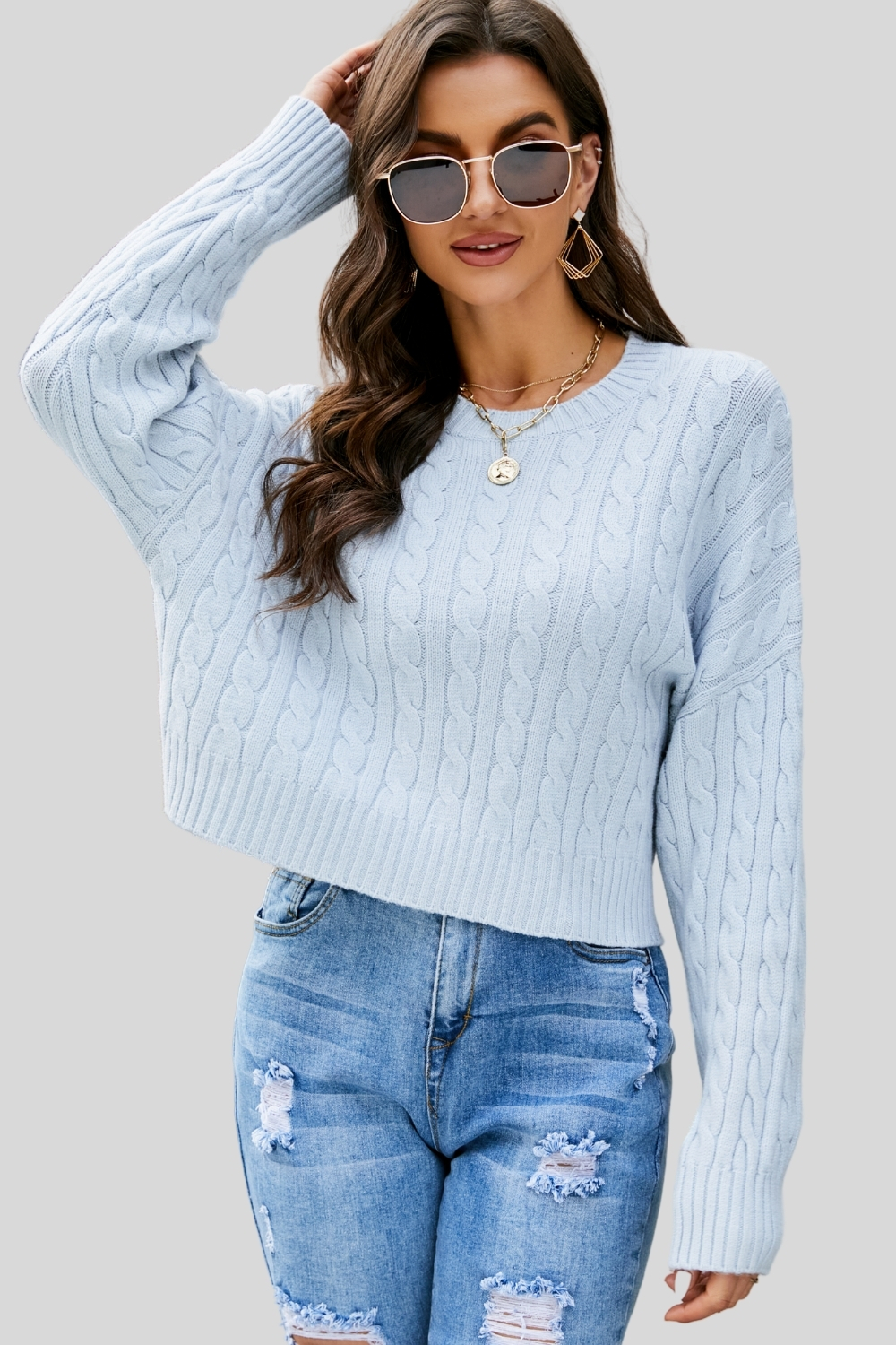 Lazy Style Round Neck Cable Knit Sweater - Loose Fit Short Pullover