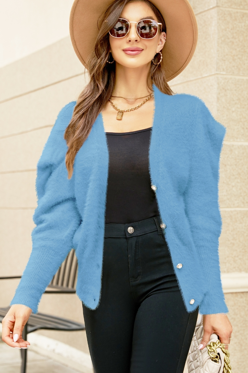 Chic Fall/Winter Acrylic Knit Cardigan with V-Neck and Puff Sleeves