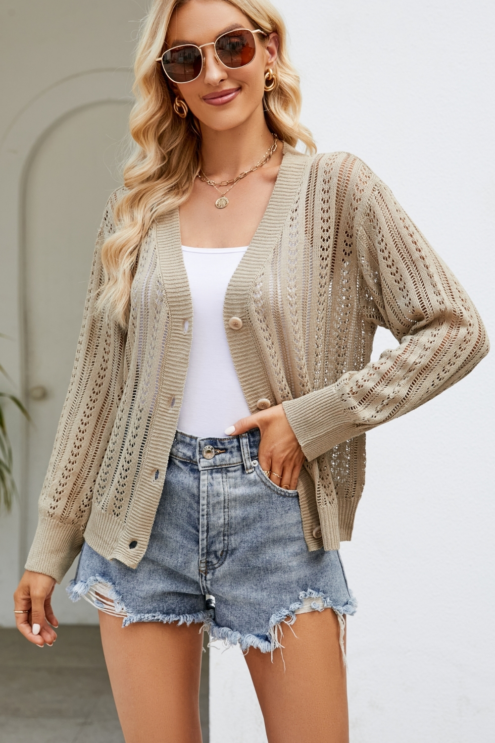 2024 New Women's Hollow Knit Cardigan - Stylish V-Neck Layering Piece