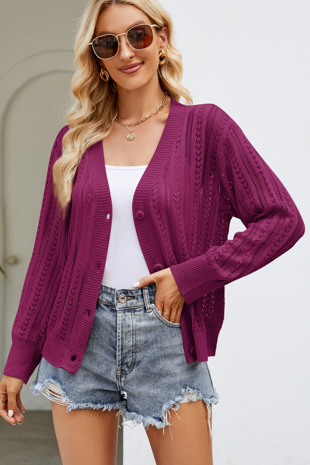 2024 New Women's Hollow Knit Cardigan - Stylish V-Neck Layering Piece