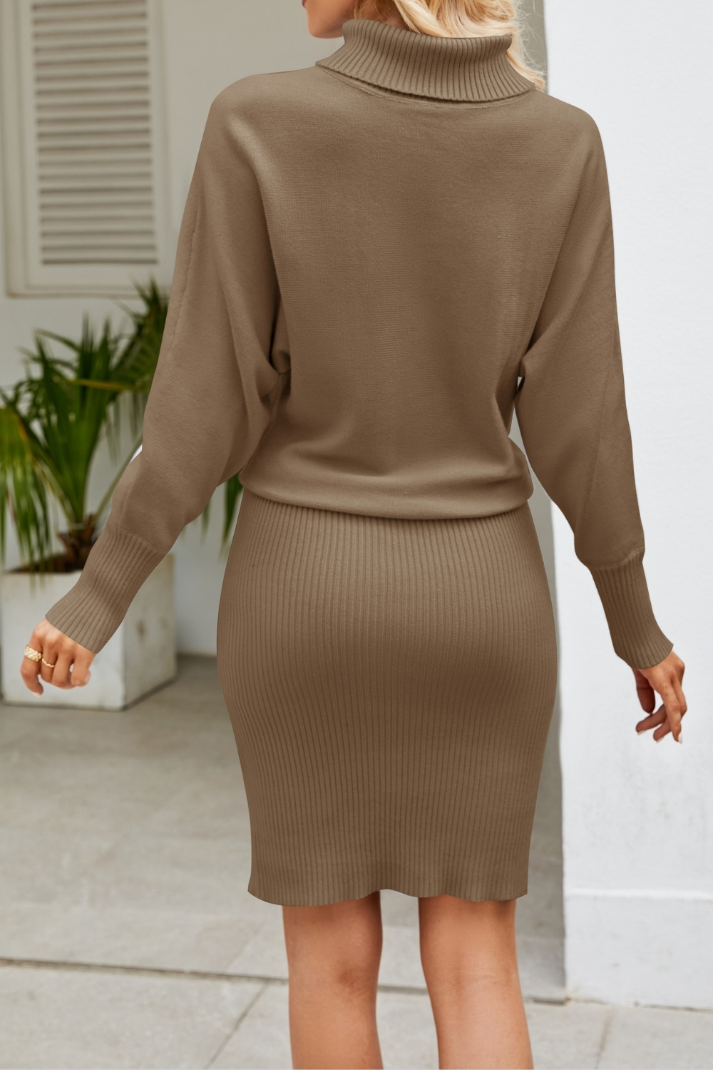 Chic Women's Solid Color Long Knit Dress - Slim Fit High Neck Sweater Dress