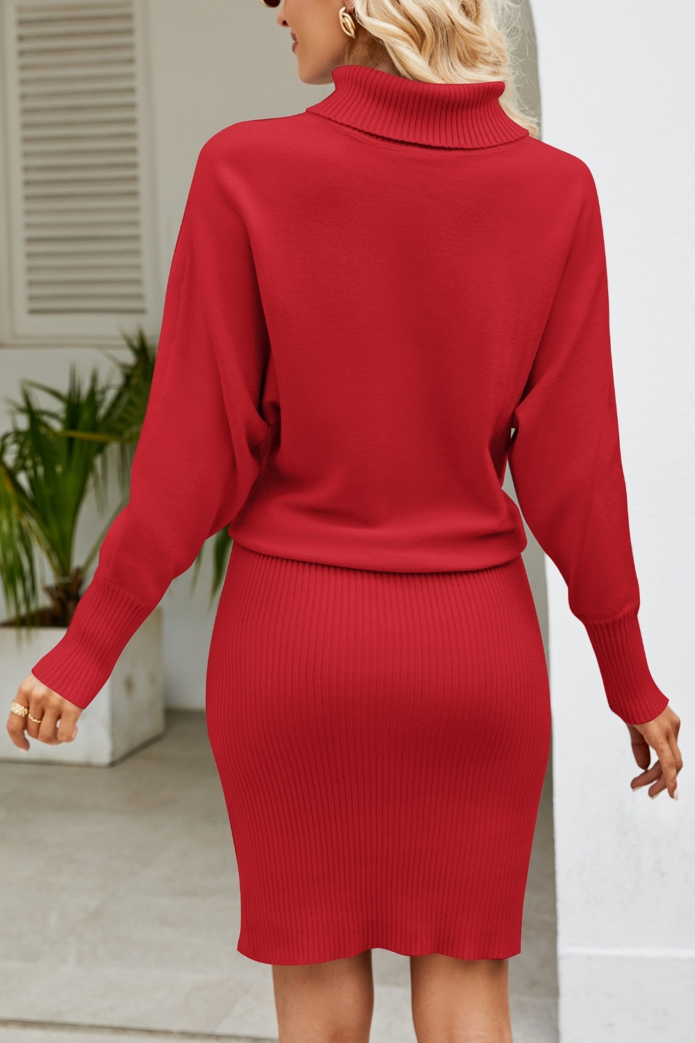 Chic Women's Solid Color Long Knit Dress - Slim Fit High Neck Sweater Dress